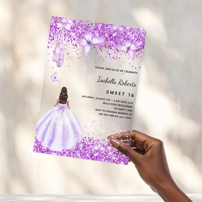 Sweet 16 purple ballerina dress butterflies clear acrylic invitations (Creator Uploaded)
