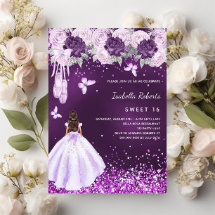 Sweet 16 purple ballerina dress florals invitation