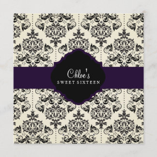 Sweet 16 | Purple & Black Damask Invitation