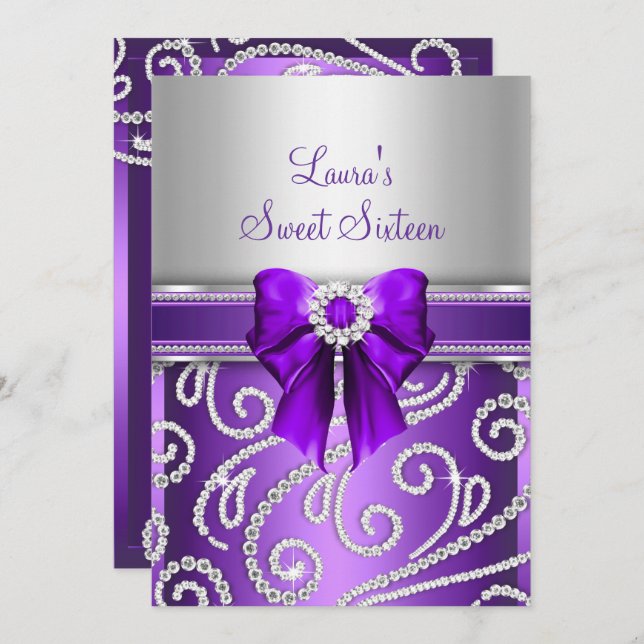 Sweet 16 Purple Bow & Sparkle Diamond Invitation (Front/Back)
