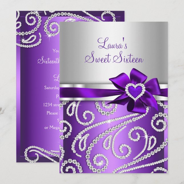 Sweet 16 Purple Bow Sparkle Diamond Party 🎉 Invitation (Front/Back)