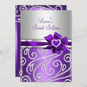 Sweet 16 Purple Bow Sparkle Diamond Party 🎉 Invitation
