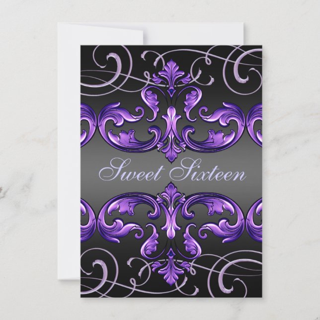 Sweet 16 Purple Damask & Tiara Birthday Invite (Front)