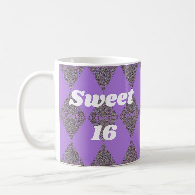 Sweet 16 Purple Diamond Pattern Celebration Coffee Mug (Left)