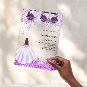Sweet 16 purple dress pink florals clear acrylic invitations