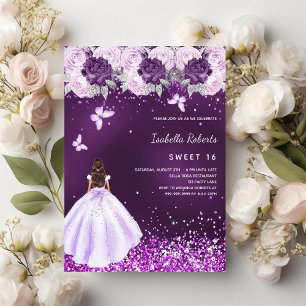 Sweet 16 purple dress pink florals invitation