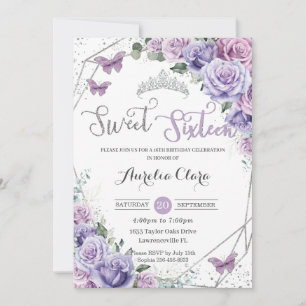 Sweet 16 Purple Floral 16th Birthday Butterflies Invitation