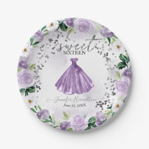 Sweet 16 Purple Floral Dress Paper Plates
