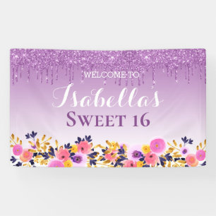 Sweet 16   Purple Floral Dripping Glitter Banner
