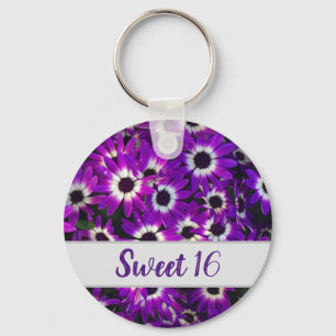Sweet 16 Purple Flower Photo Floral Birthday Key Ring
