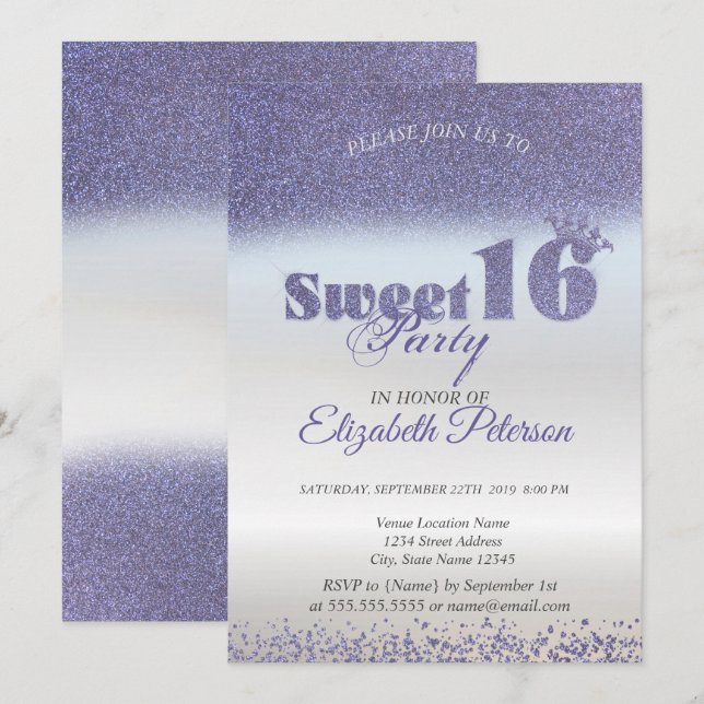 Sweet 16 Purple Glitter Bokeh Ombre,Glitter Tiara Invitation (Front/Back)