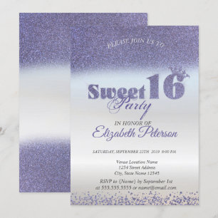Sweet 16 Purple Glitter Bokeh Ombre,Glitter Tiara Invitation