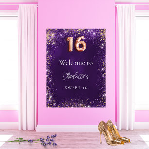 Sweet 16 purple glitter sparkles welcome poster