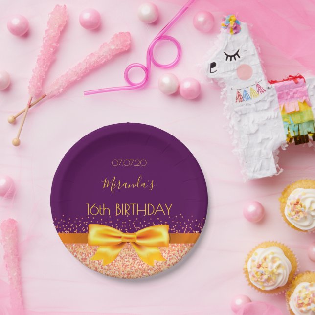 Sweet 16 purple gold bow name paper plate (Party)