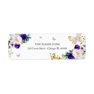 Sweet 16 Purple Gold Floral Butterfly Return Address Label