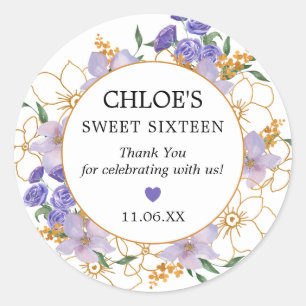 Sweet 16 Purple Gold Floral Party Favour Thank You Classic Round Sticker