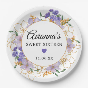 Sweet 16 Purple Gold Floral Party Paper Plate