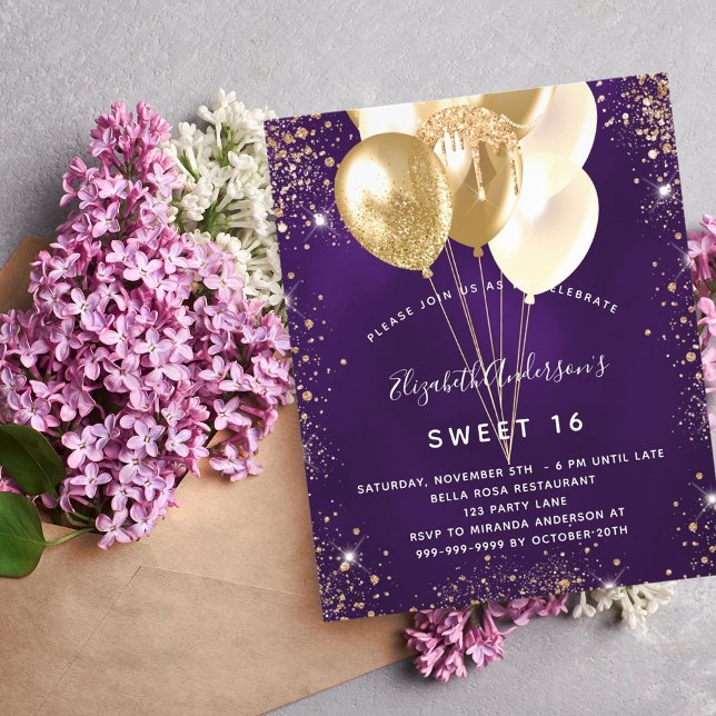Sweet 16 purple gold glitter balloons budget flyer (Creator Uploaded)