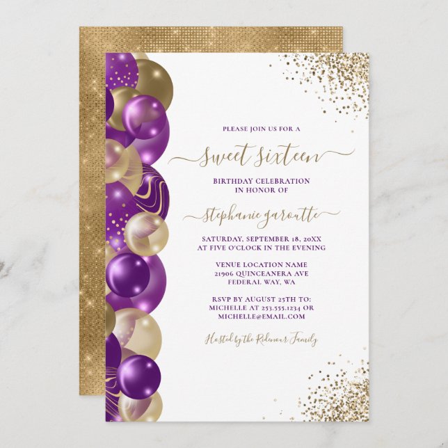 Sweet 16 Purple Gold Sparkle Balloon Invitation (Front/Back)