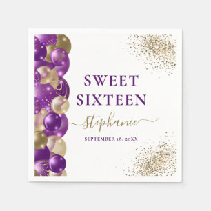 Sweet 16 Purple Gold Sparkle Balloon Napkin
