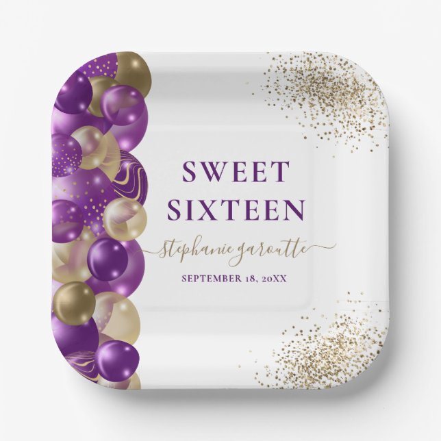 Sweet 16 Purple Gold Sparkle Balloon Paper Plate (Front)