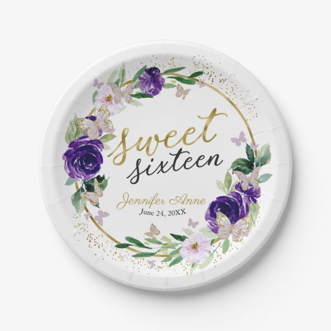 Sweet 16 Purple Lavender Floral Butterfly Paper Plate (Front)