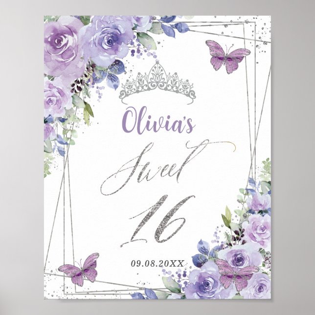 Sweet 16 Purple Lilac Floral Silver Butterflies Poster (Front)