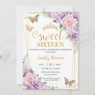 Sweet 16 Purple Lilac Pink Floral Butterflies Invitation