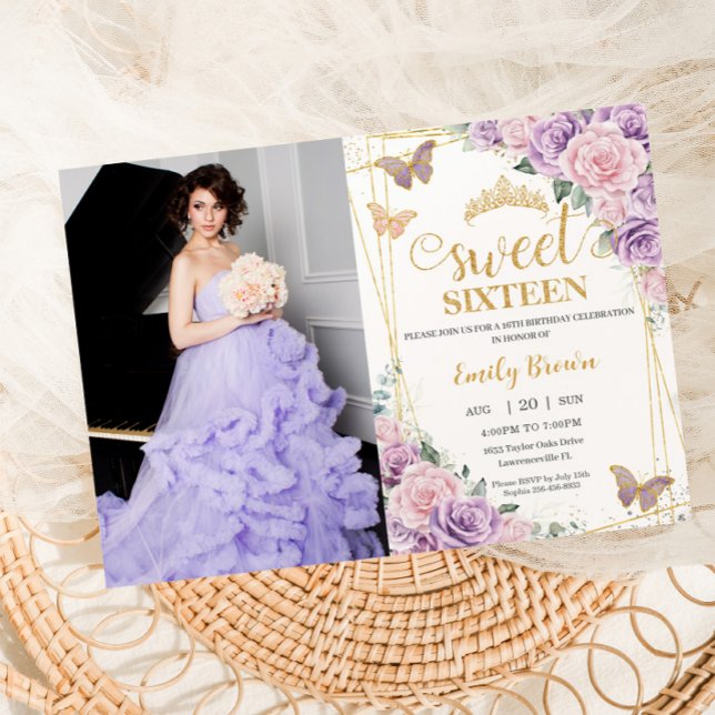 Sweet 16 Purple Lilac Pink Floral Butterfly Photo Invitation (Creator Uploaded)