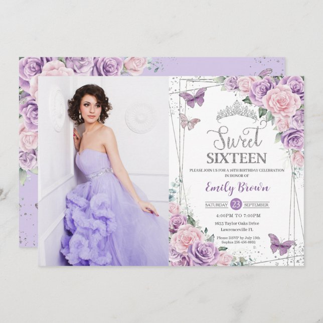 Sweet 16 Purple Lilac Pink Floral Butterfly Photo Invitation (Front/Back)