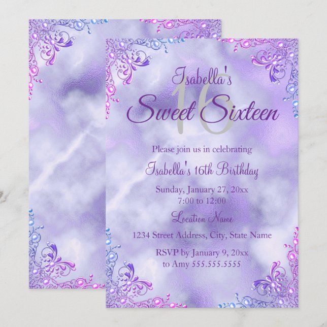 Sweet 16 Purple Lilac Silver Pearl Damask Invitation (Front/Back)