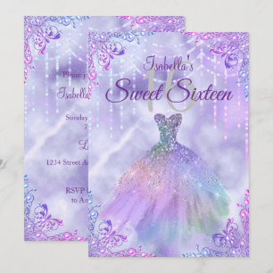 Sweet 16 Purple Lilac Silver Pearl Gown Invitation