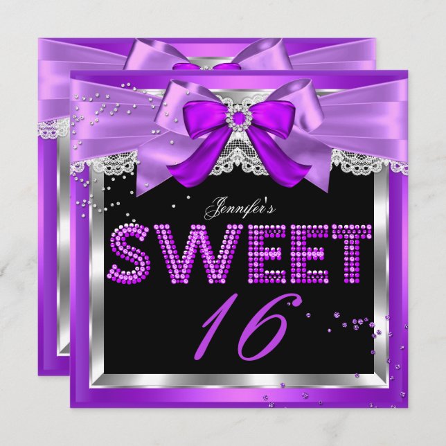 Sweet 16 Purple Magenta Glitter Glam Birthday Invitation (Front/Back)