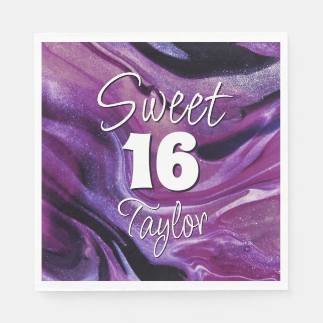 Sweet 16 Purple Marble Personalised Napkin (Front)