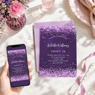 Sweet 16 purple pink glitter glamorous invitation