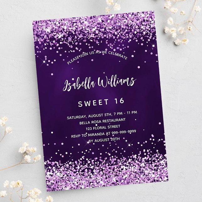 Sweet 16 purple pink glitter glamourous invitation postcard (Creator Uploaded)