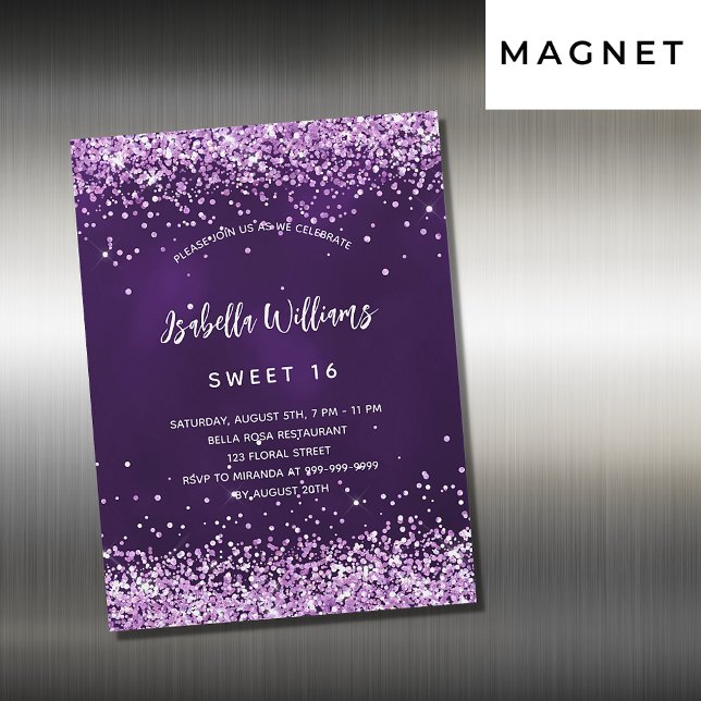 Sweet 16 purple pink glitter luxurious magnetic invitation (Creator Uploaded)