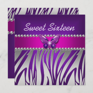 Sweet 16 Purple Pink Zebra Silver Butterfly Invitation
