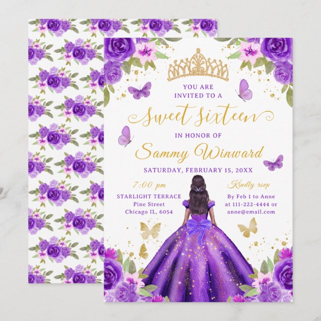 Sweet 16 Purple Princess African American Girl Invitation (Front/Back)