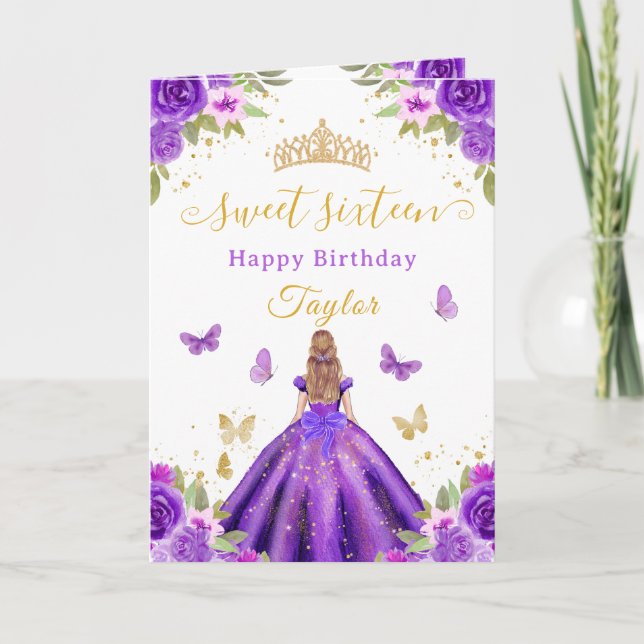 Sweet 16 Purple Princess Blonde Girl Card (Front)