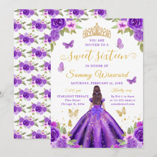 Sweet 16 Purple Princess Brunette Girl Invitation