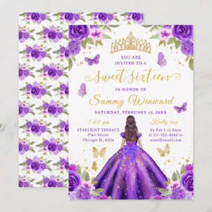 Sweet 16 Purple Princess Brunette Girl Invitation