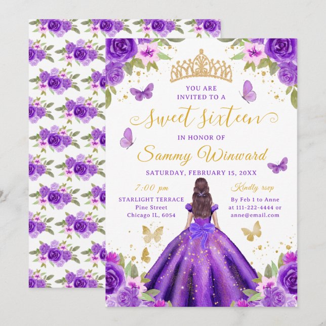 Sweet 16 Purple Princess Brunette Girl Invitation (Front/Back)