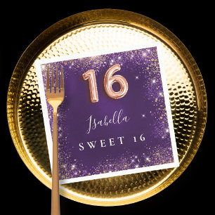 Sweet 16 purple rose gold sparkles name napkin