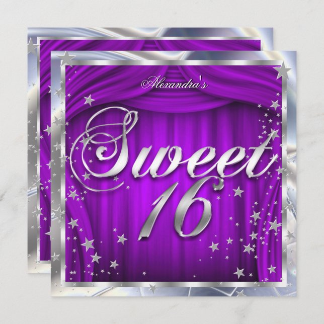 Sweet 16 Purple Silver 16th Birthday Party Invitation (Front/Back)