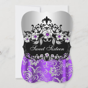 Sweet 16 Purple Silver Black Floral Jewel Party Invitation