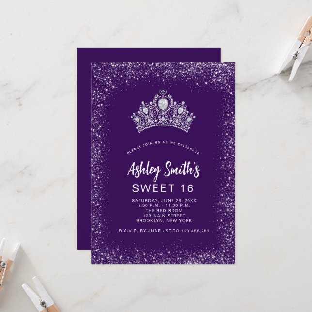 Sweet 16 Purple Silver Glitter Diamond Tiara Invitation (Front/Back In Situ)