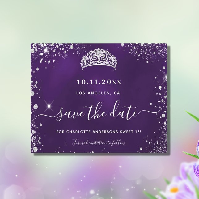 Sweet 16 purple silver glitter save date card (Creator Uploaded)