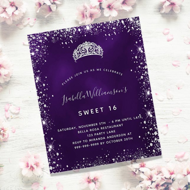 Sweet 16 purple silver glitter tiara invitation (Creator Uploaded)