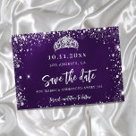 Sweet 16 purple silver glitter tiara save the date announcement postcard<br><div class="desc">A glamourous Save the Date card for a Sweet 16,  16th birthday party. A purple uneven coloured background. Decorated with faux silver glitter sparkles and a tiara. The text: Save the Date is written with a large trendy hand lettered style script.</div>